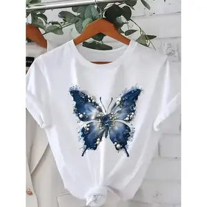 Large Size Women'S T-Shirt - Elegant White Shirt With Navy Blue Butterfly Wings And Pearl Print, Elastic Daily Top For Spring, Summer, Autumn, Machine Washable Non Transparent Fabric, Opaque Fashion Style