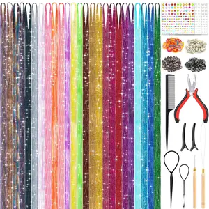 25Colors Fairy Hair Tinsels Kit 5000 Hair Glitter Strands 48Inch Heat Resistant Tinsel Hairs Extension Sparkling Shiny Highlights Hairs Tinsel with Tools for Christmas Halloween  Year  Party