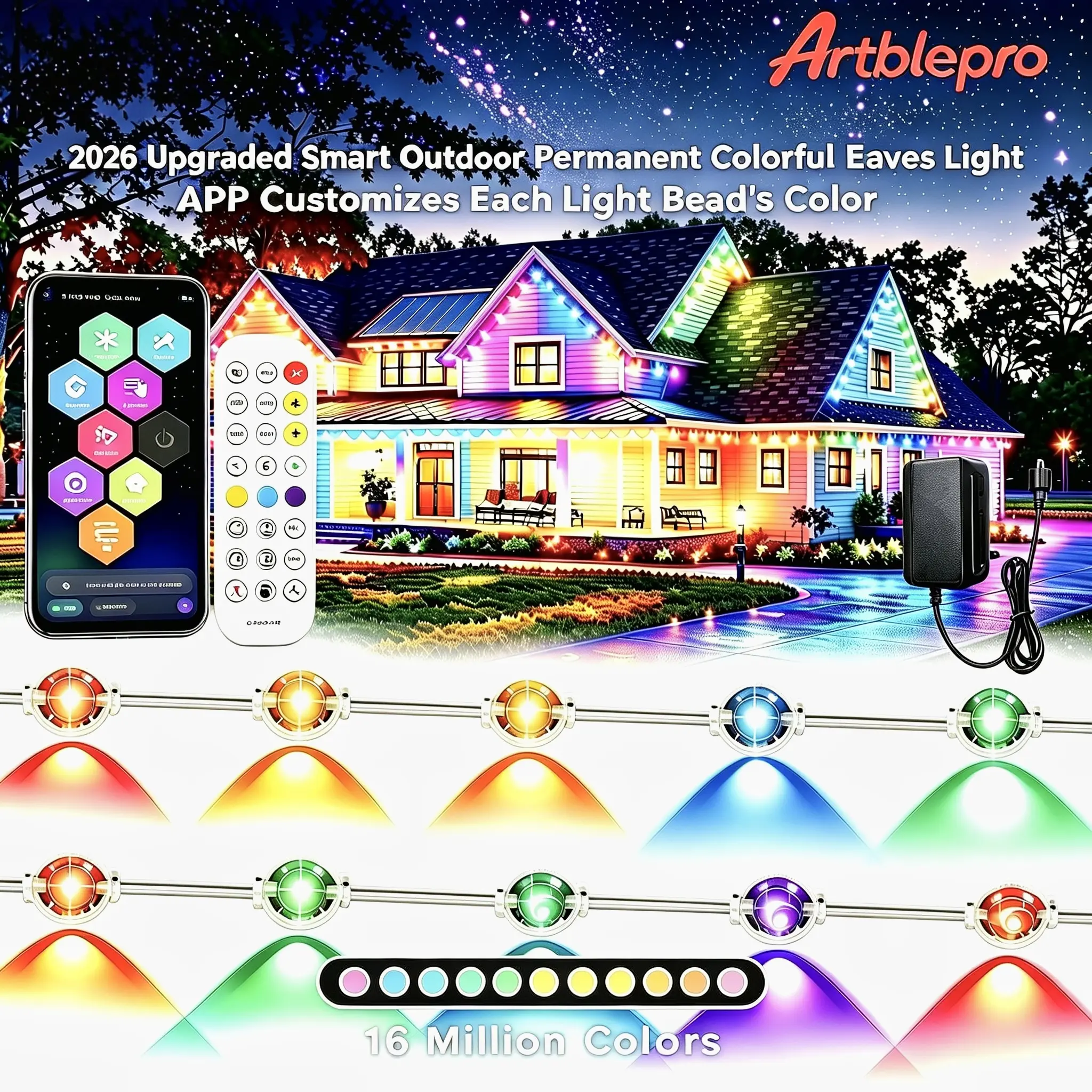 ARTBLEPRO RGB-IC Smart Permanent Outdoor Lights Pro, Color-Chasing Iridescent LED Eaves Lights, IP67 Waterproof, APP Remote Control, DIY Individual Hues, Music Sync, 16M Color Exterior Decor for Patio Roof, Christmas