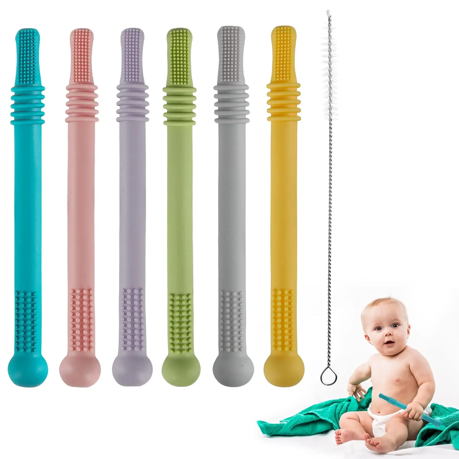 6-Pack Silicone Hollow Teether Tubes, BPA-Free Sensory Chew Straws for Babies 3-36 Months, Freezable Teething Toys for Infant Development-Easter Gift