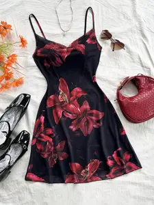 Women's Black Red Lily Floral Print Slip Dress, Feminine Spaghetti Strap Bodycon Mini Dress, Y2K Vintage Mesh Midi Dress for Casual Party, Bohemian Summer Dresses