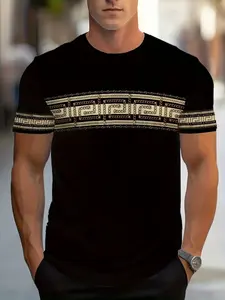 Men's Casual Geometric Pattern Polyester Short Sleeve T-Shirt, Slightly Elastic Knit Fabric, Breathable Comfort, All Seasons