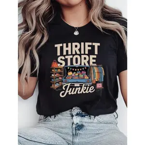 Thrift Store Junkie Graphic Tee Women Vintage Style Funny Cute Shopping Lover Shirt Casual Oversized Short Sleeve Crewneck Streetwear Outfit Top