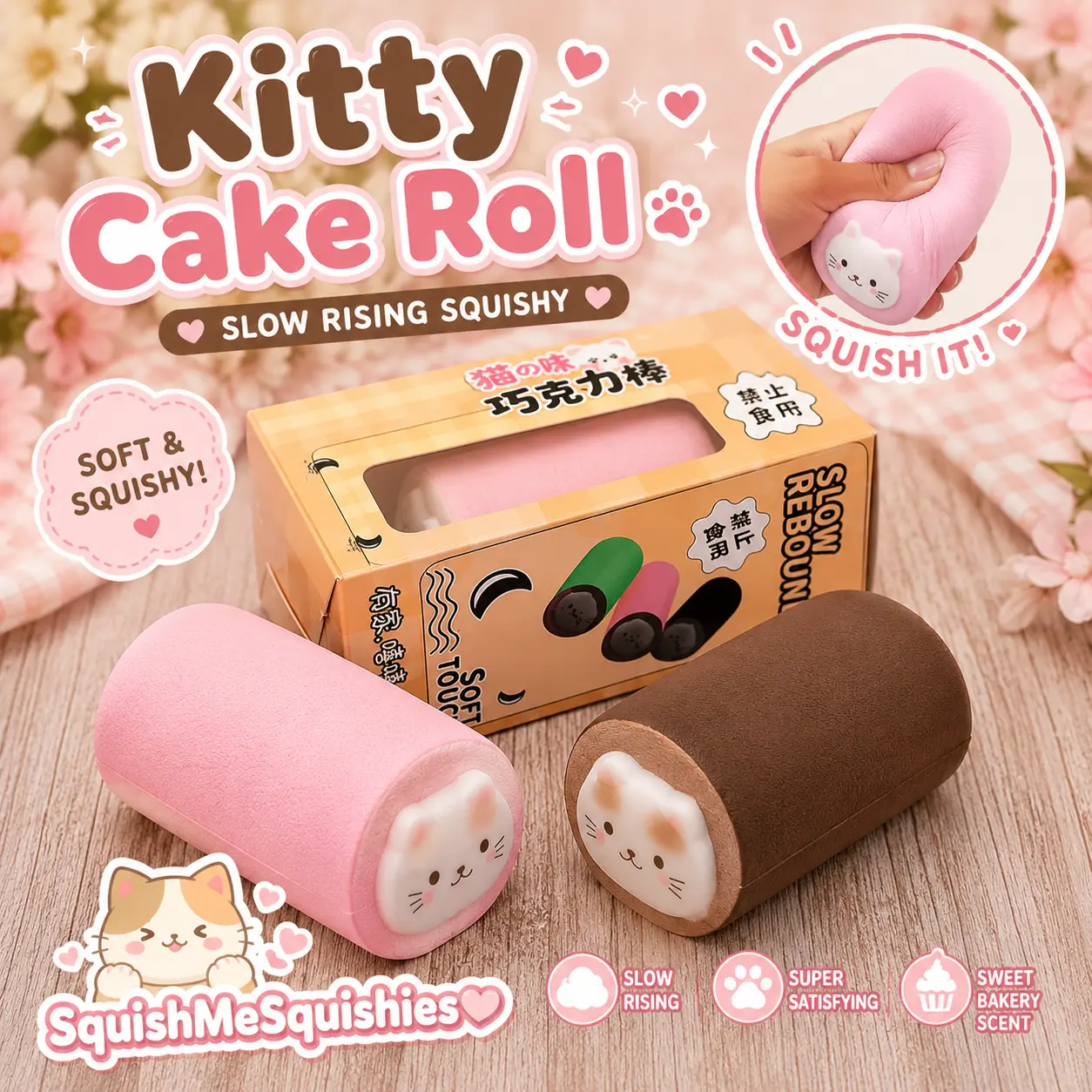 Kawaii Kitty Cake Roll Slow-Rise Squishy - Classic Chocolate & Sweet Strawberry Flavors, Adorable Cat Design, Bakery-Fresh Scent, High-Density Foam, Decorative Packaging Stress Relief Squishies