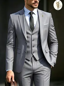 Men's Business Suit 3-Piece Set, Slim-Fitting Blazer, Wedding Groom Attire, Daily Business, Party, Banquet, Includes Lapel Pin