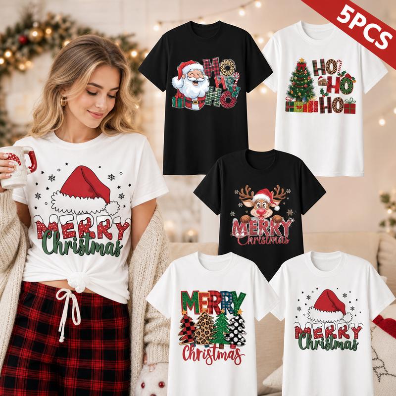 Women's 5 Pack Christmas T-Shirts - Merry Christmas & Ho Ho Ho Graphic Tees, Cute Santa Reindeer Holiday Tops, Trendy Y2K Aesthetic Fall Winter Outfits for Family Matching