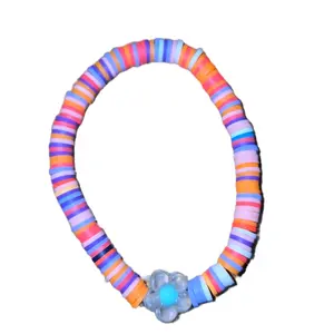 Flower Clay Bead Bracelet - Variety of Colors with Elastic String - Colorful Striped Design & Flower Accent