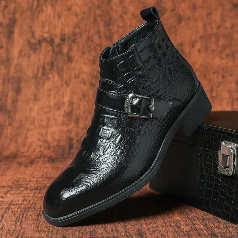 Men’s fashion pointed-toe ankle boots with buckle—retro commuter fashion boots, trendy and versatile casual nude boots