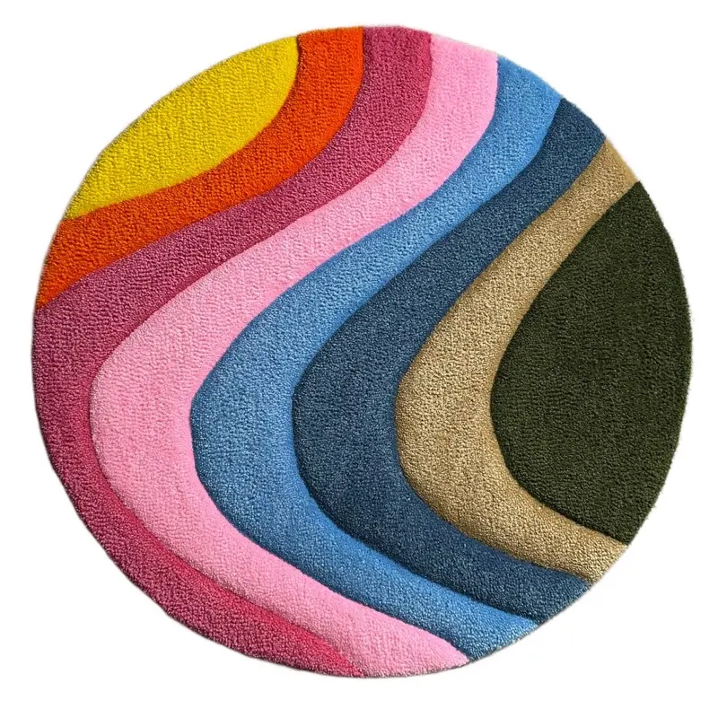Wavy Sun Burst Rug - Colorful Circular Design with Gradient Shades of Yellow Pink Blue and Green