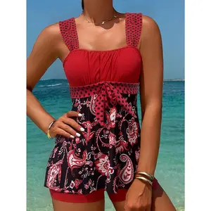 Paisley Print Gathered Slim Fit Tankini 2pcs Set, Covering The Belly And Beach Vacation Swimsuit for Womencrystals bikini thong bikini sets,summervibes