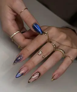 Starry Night Galaxy Press On Nails | Navy Blue Ombre & Gold Frame | Celestial Stars | Medium Almond | Luxury Handmade Nails Art