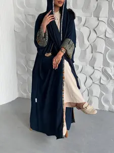 Women's Open Abaya, Long Sleeve with Printed Cuffs & Trim, Loose Fit Modest Islamic Kaftan, Elegant Islamic Clothing Outerwear for Ramadan