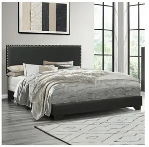 Willow Nailhead Trim Upholstered Queen Bed Black Faux Leather Modern Design with Decorative Nailheads