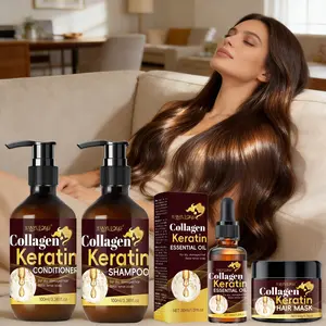 Collagen & Keratin 4-Piece Hair Care Set, designed for dry and damaged hair. Repairs strands, soothes scalp, hydrates, adds shine, strengthens roots. Suitable for color-treated and permed hair, unisex. Shampoo, Conditioner