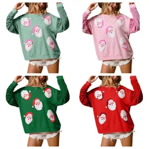 Christmas Sequins Sweatshirts Women Glitter Patch Crewneck Pullover Tops Sparkly Printed Xmas Long Sleeve Shirt, Ugly Christmas Sweater Women Funny, Sparkly Christmas Tops For Women