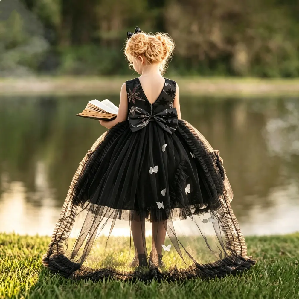 062 ( Only dress ) Girls' black tuxedo dress with train for catwalk performances princess dress Halloween costume