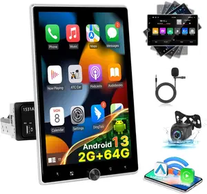 [2+64G] Android Single Din Car Stereo - 10.4 Inch Rotating Touch Screen Radio with Wireless Carplay & Android Auto, EQ, WiFi, GPS, FM RDS, Mirror Link + AHD Backup Camera & MIC