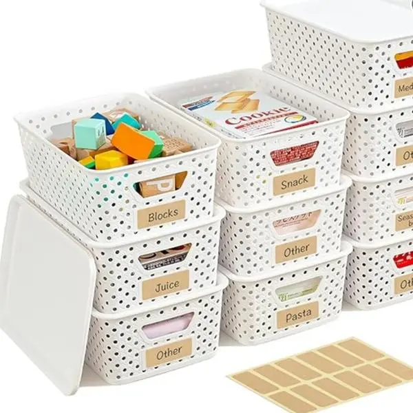 10 Pack Small Plastic Storage Bins with Lids, Stackable Plastic Storage Baskets for Organizing with Handles, Organizer Bins with Labels for Room, Craft, Containers for Pantry Organizers and Storage
