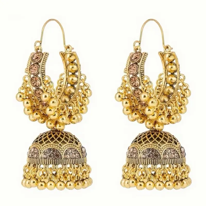 Women's Traditional Gold-Plated Jhumka Hoop Earrings with Dangling Bells - Wedding, Casual & Elegant Versatile Jewelry with Rhinestones