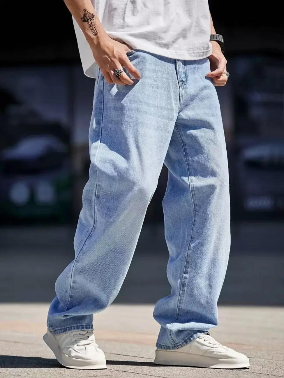 Men's Cotton Bleached Straight Leg Jeans, Loose Fit Light Blue Cargo Denim Pants, Casual Gift