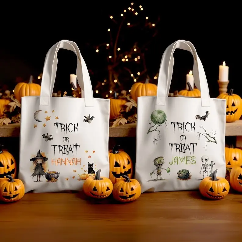 Custom Halloween Tote Bag for Trick or Treat Add Personalised Name Initials Present Gift Kids Spooky Scary Jack-O-Lantern Pumpkin Accessory