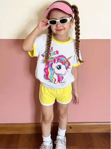 2pcs/Set Young Girls Colorful Unicorn & English Print Round Neck Short Sleeve T-Shirt And Elastic Waist Loose Shorts, Casual & Sports Outfit For Summer, School, Campus, College