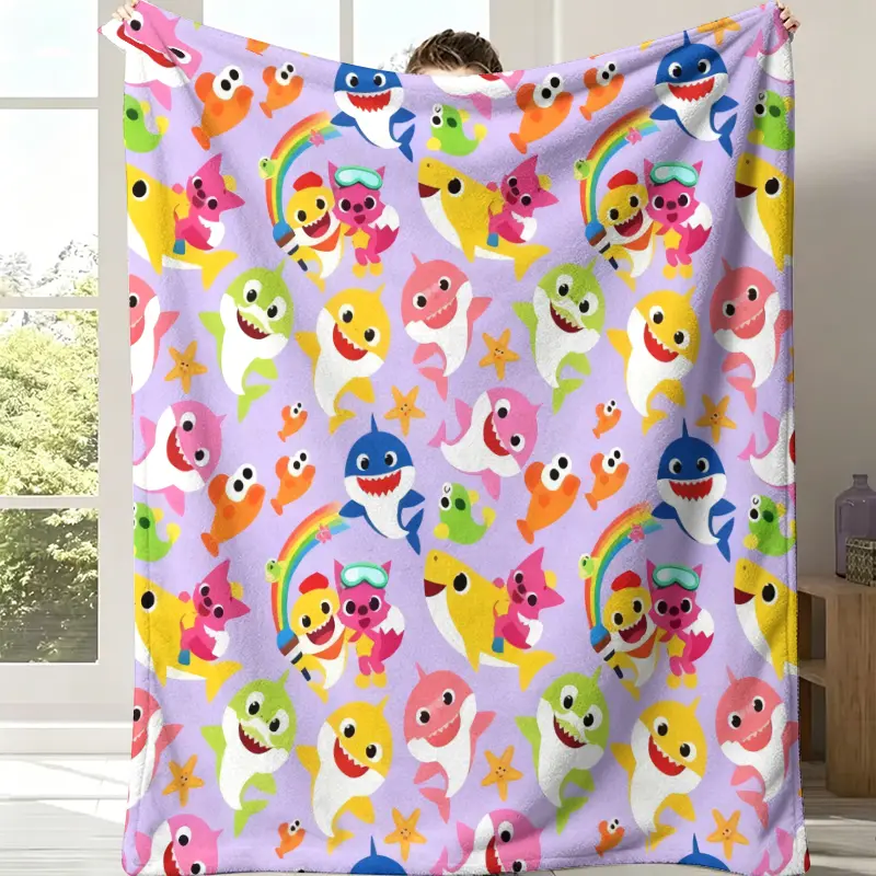 Shark Family Flannel Throw Blanket Soft Light Purple Background Colorful Cartoon Prints Happy Characters Rainbow Starfish Details Cozy