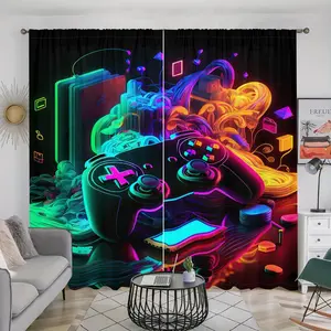 Game Controller Pattern Curtain, 2 Counts/set Colorful Game Controller Printed Curtain, Lightweight Semi Blackout Polyester Curtain for Bedroom, Living Room Window Curtain