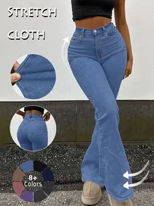 GILIPUR Y2K Women's Plain Flare Leg Jeans, Casual Button Fly Pocket Bell Bottom Denim for Daily Wear, Ladies Bottoms for All Seasons