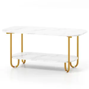 Modern Luxury Faux Marble Coffee Table 2-Tier White & Gold Center Table