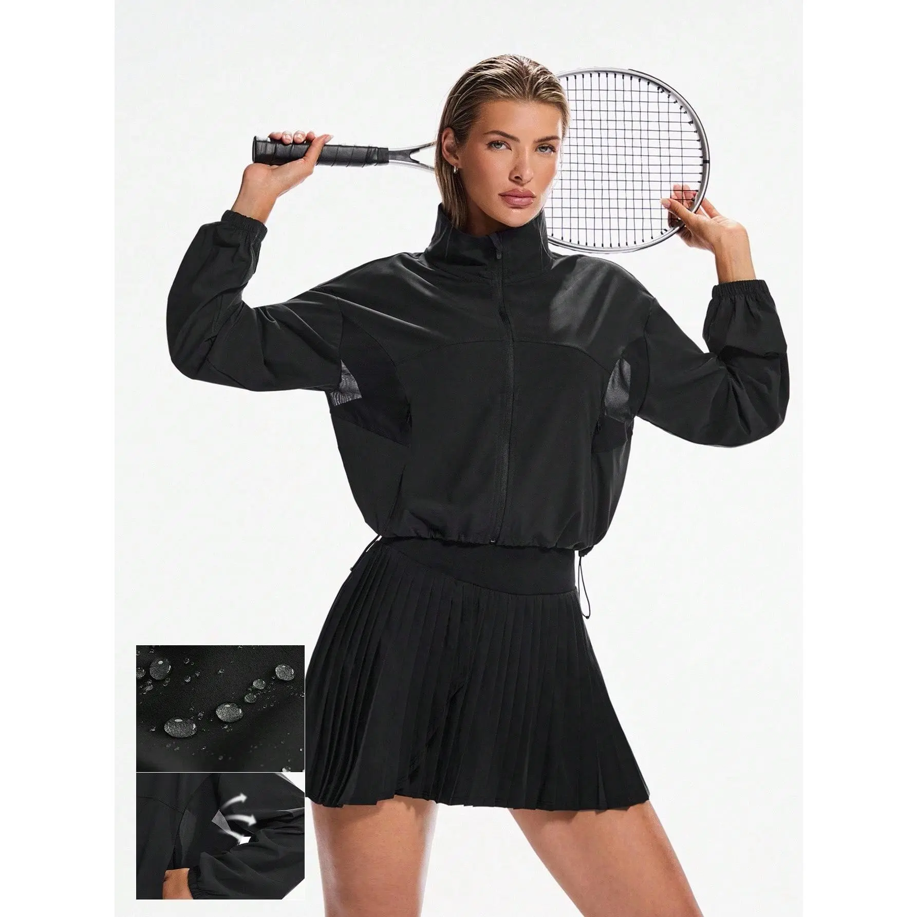 GLOWMODE Water-Resistant Lightweight Tennis Underarm Back Mesh Panel Adjustable Hem Waist Length Jacket Workout Traning Tennis
