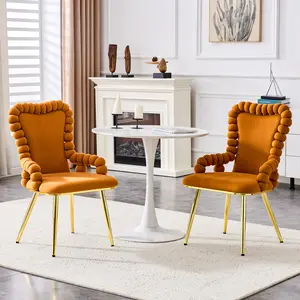 Velvet Dining Chairs Set of 2 Puffy Bubble Chair Ball Chain Chair with Gold Legs, Upholstered Accent Chairs with Armrests for Dining Room & Kitchen