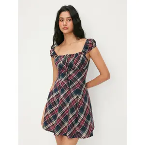 Cider Cotton Plaid Square Neck Puff Sleeve Mini Dress SwimWeek