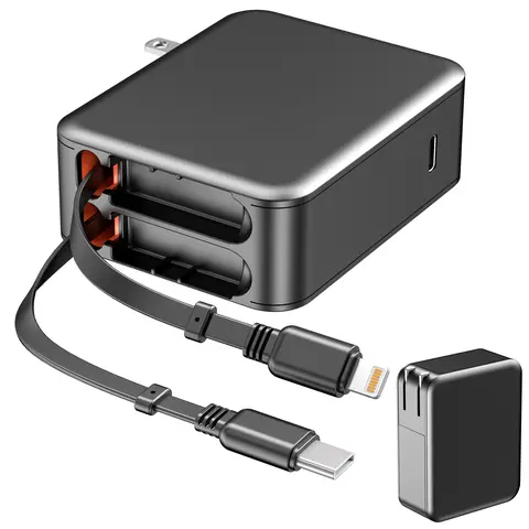 35W Retractable Wall Charger with Dual Cables, 3-Port USB Charging Block, Fast Charging for iPhone, iPad, Tablets, LG, Samsung, and More