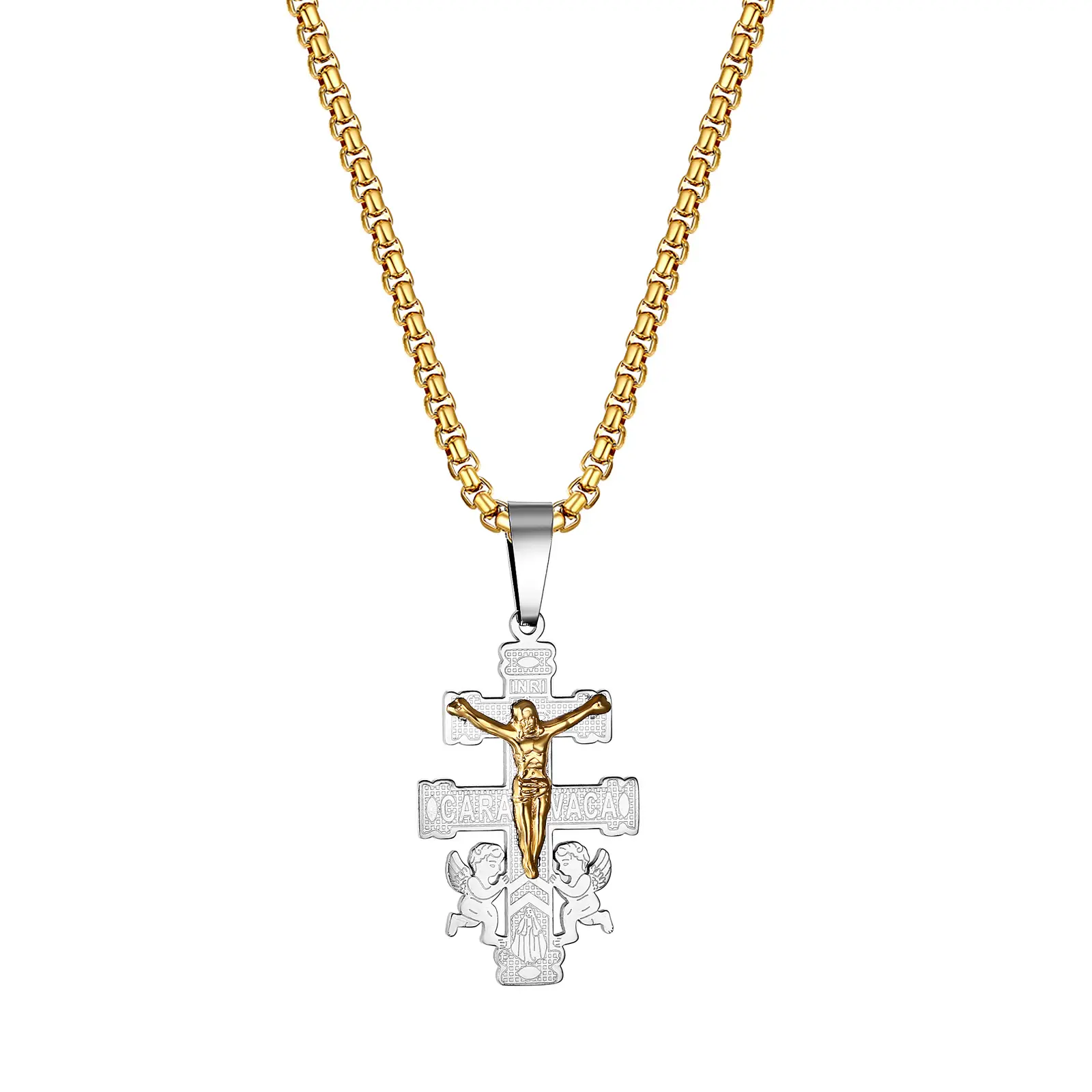 OIDEA Stainless Steel Caravaca Cross Necklace, Angel-Themed Religious Crucifix Cross Drop Pendant, Vintage Faith Jewelry for Men, Gold-Plated Religious-Themed Gift, Crucifix Necklaces, Angel-Themed Necklaces
