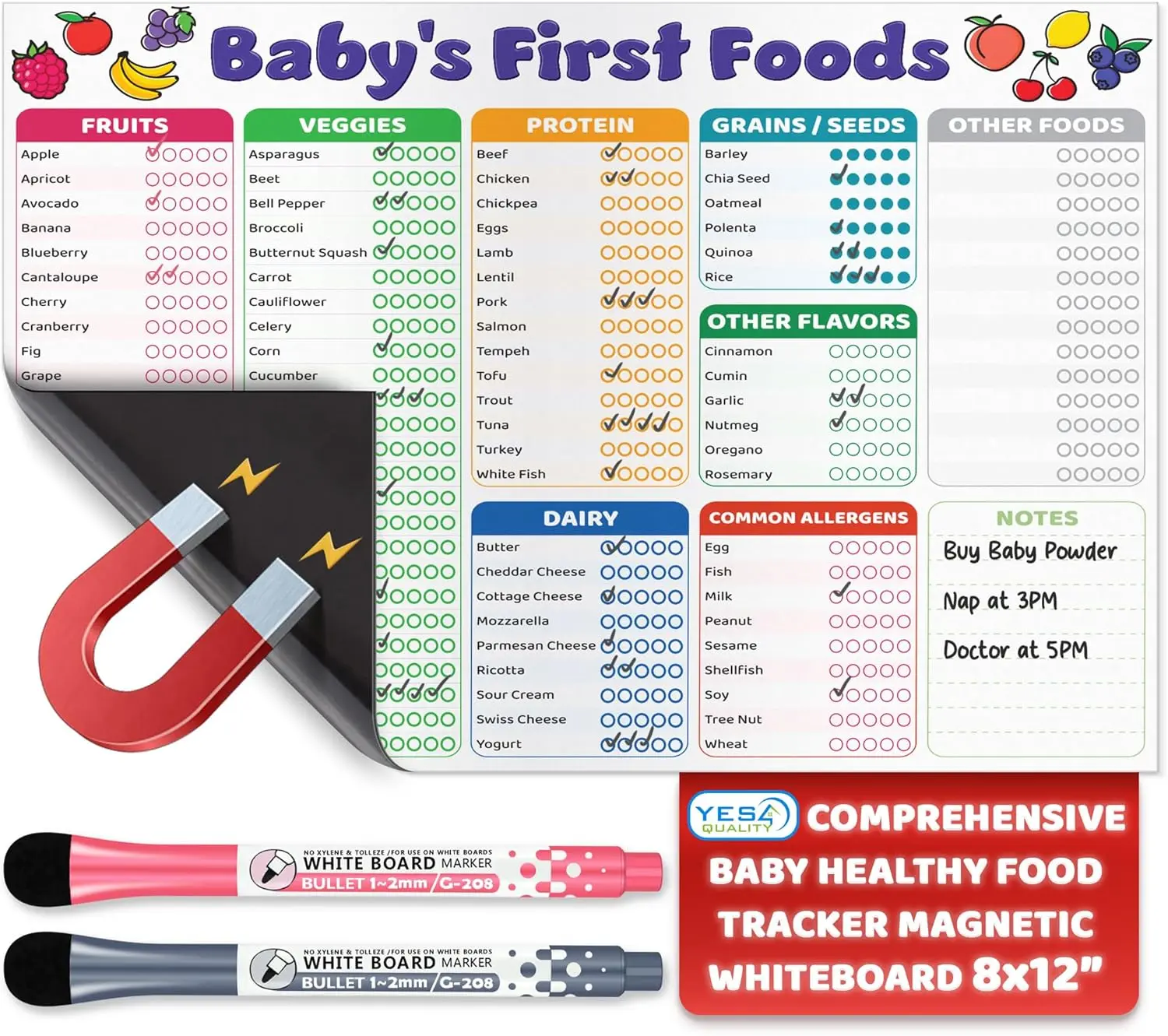 Baby First Food Tracker - 12x8" - Magnetic Chart White Board Foods Checklist for Fridge - Solid Food Tracking Essential - Refrigerator Dry Erase Sheet with Markers - Allergies Log - by Yes4Quality