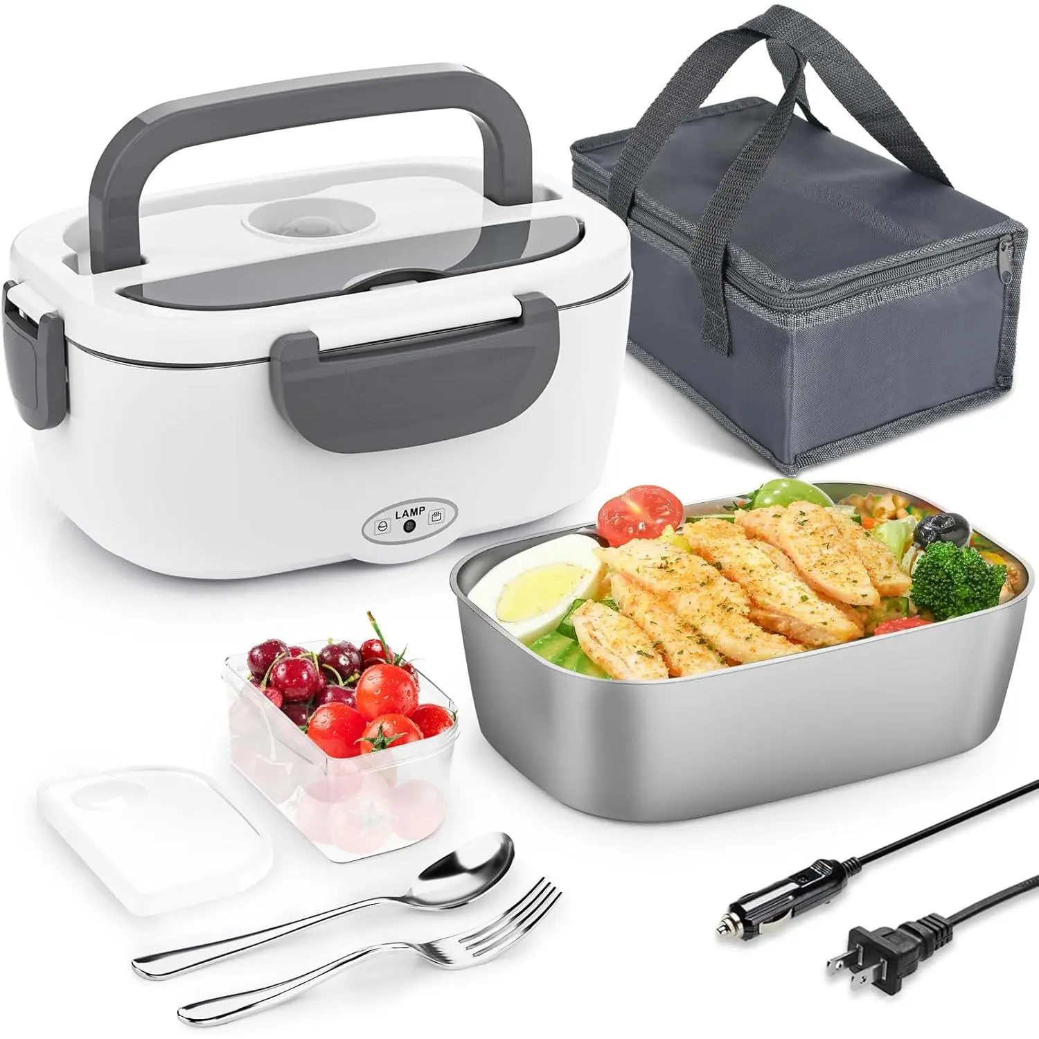 Electric Lunch Box  Heater - 3 in 1 Portable Leakproof Heated Lunch Box for /Home/Adults with 1.5L Removable 304 Stainless Steel Container, 60-80W, 12V/24V/110V (White)