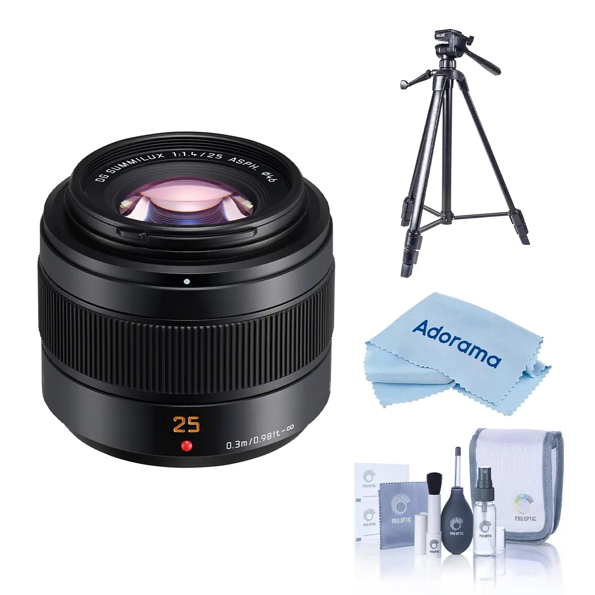 Panasonic Lumix G Leica DG Summilux II 25mm f/1.4 Aspherical Lens for Micro 4/3 System - With Slik Sprint Pro III BH Travel Tripod with SBH-100 DQ All-Metal Ball Head, Black, Cleaning Kit, Cloth