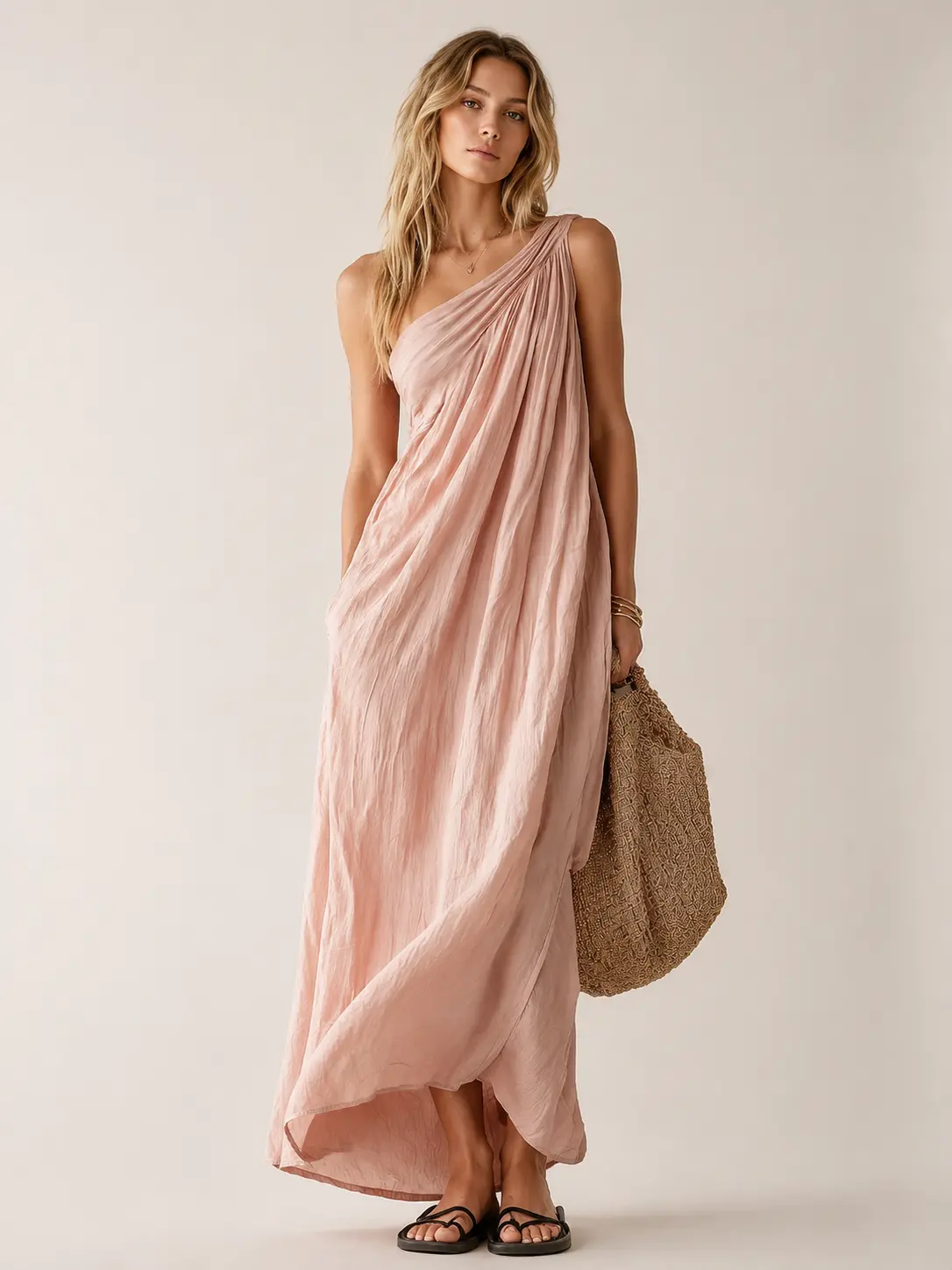 Women's 2026 Summer 1-Shoulder Maxi Dress - Sleeveless, Asymmetrical Neck, Ruched, Flowy A-Line, Crinkle Polyester Solid Color Casual Outfit for Beach, Wedding Guest, Vacation