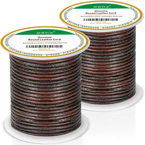 2 Rolls 100% Genuine Round Leather Cord for Jewelry Making & Leather Crafting, 2mm Thin Leather String Lace, Real Leather Rope for Crafts, Bracelets, Necklaces, Hanging, Braiding (Distressed Brown)