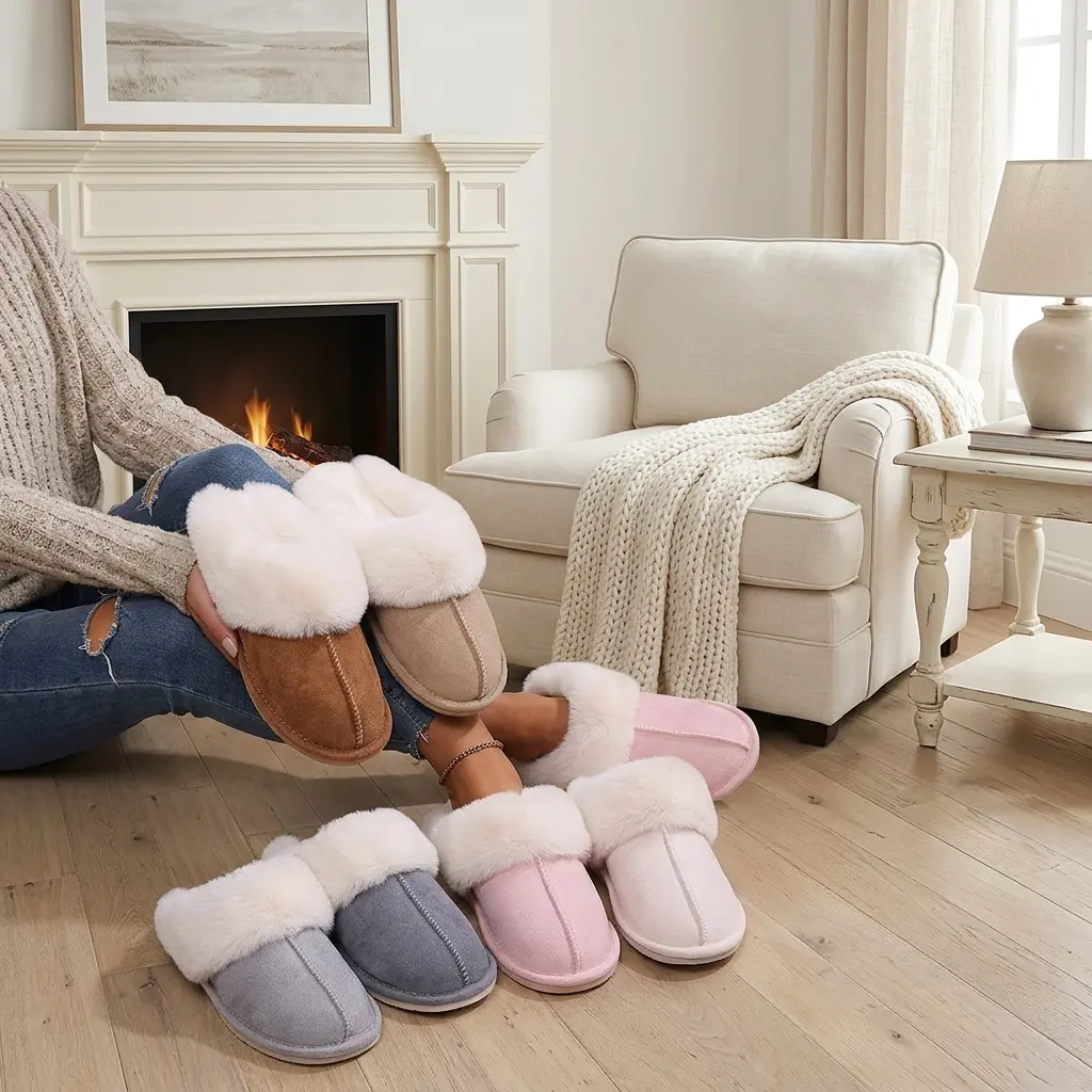 Womens Slipper with Memory Foam Fluffy Soft Warm Slip On House Slippers Anti-Skid Cozy Plush for Indoor Outdoor