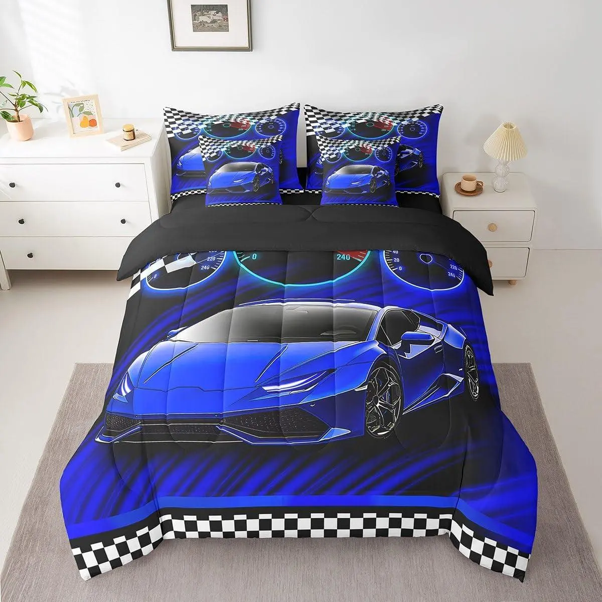 Blue Race Car Bed Set Extreme Sports 7 Pieces Beeding Set Adult Ultra Soft Speed Sports Car Bed in a Bag with Comforter,Sheets,Pillowcases Cool Car