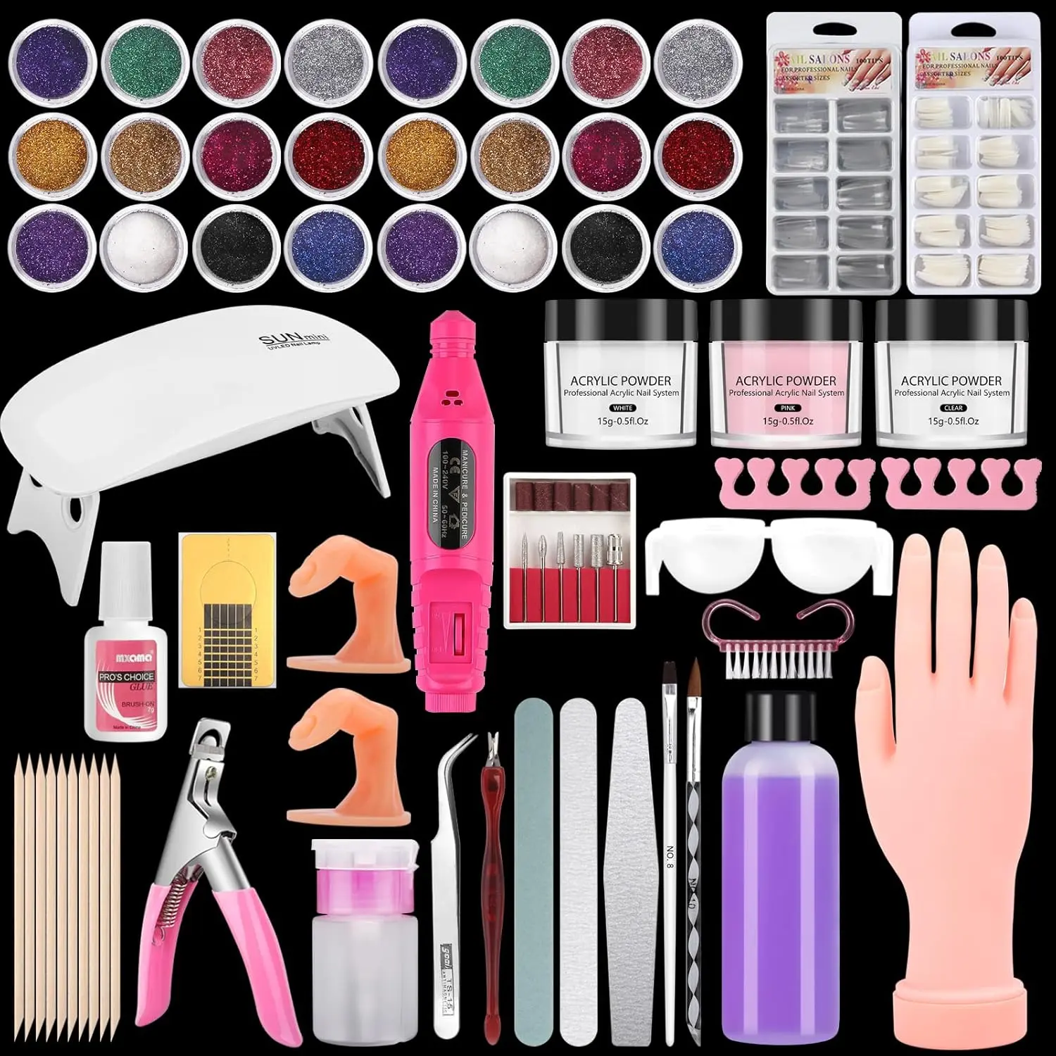 Acrylic Practice Hand Kit for Beginners, Professional Finger Mannequin Set with Drill and UV Light for Perfecting Techniques. Gift Manicure