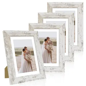 5x7 Picture Frame Set of 4, Made of Real Glass and Distressed White Wooden Frame, 5 by 7 Photo for Wall or Tabletop - Display Picture 4x6 with Mat or 5x7 Without Mat