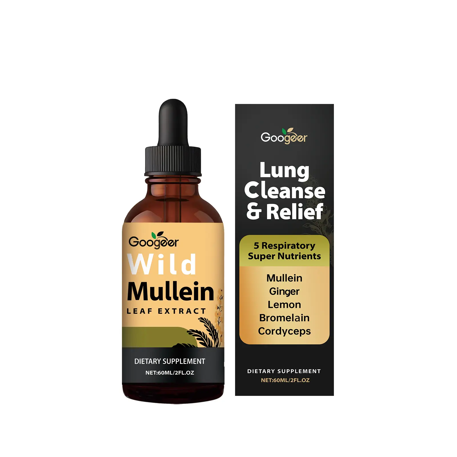 Googeer LungCleanse&Relief‑5 Liquid Drops 60ml, Herbal Supplement Mullein Ginger Cordyceps Bromelain Lemon Blend, Daily Respiratory Wellness Support Supplement