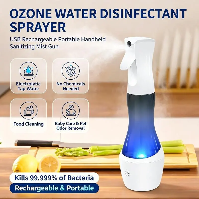 USB Rechargeable Ozone Water Disinfectant Sprayer, Portable Handheld Sanitizing Mist Gun, Electrolytic Tap Water Spray Bottle for Food Cleaning, Baby Care, Home & Pet Odor Removal