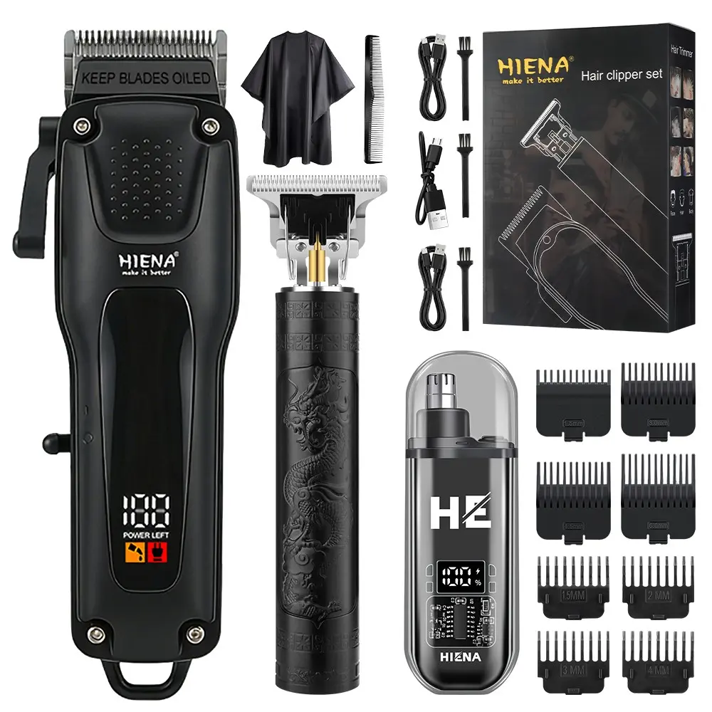 Hiena Professional Haircut Care Set, Barber Equipment, Includes Razor, T-Type Trimmer, Nose and Beard Clipper, Comb, Apron, Charging Cable, Limit Comb