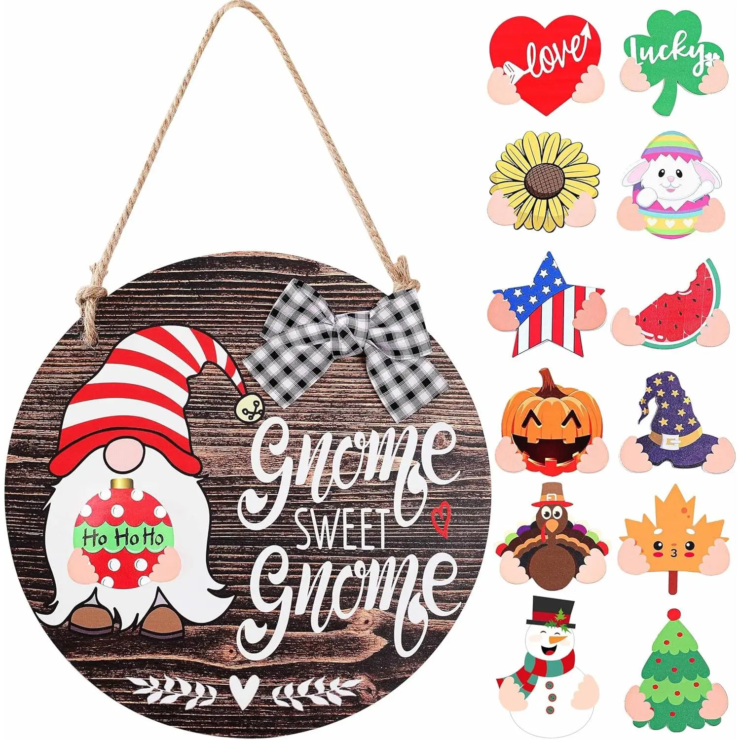 Interchangeable Seasonal Gnome Sweet Gnome Welcome Sign Front Door Decor Wooden Gnome Door Hanger, 12 Inches Farmhouse Wall Sign Gnome Decor (Brown)