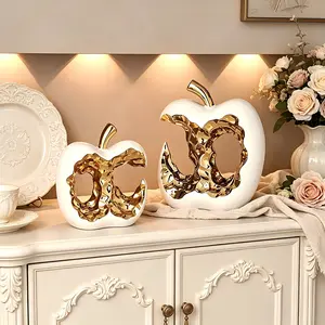 Set of 2 Luxury White & Gold Ceramic Apple Sculptures, Modern Abstract Home Decor Accents, Elegant Table Centerpieces for Living Room, Office, Housewarming & Wedding Gifts