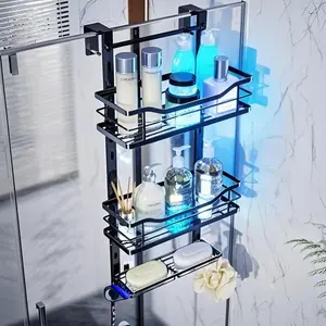 3-Tier Adjustable Shower Organizer - No Drilling Stainless Steel Hanging Caddy for Bathroom, Soap Holder Included - Space Saving Over the Door Storage for Shampoo, Body Wash, Razor - Durable Black Finish